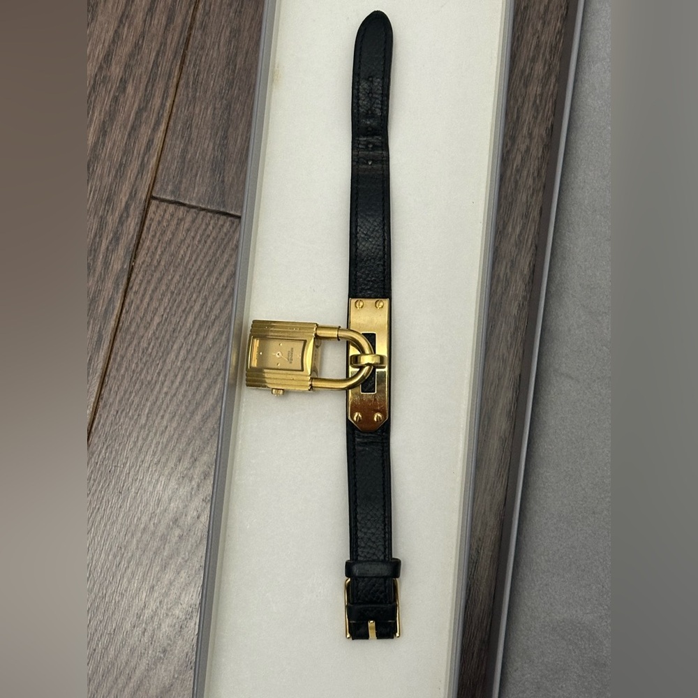 Hermes Black Leather Kelly Bracelet Watch with Gold Hardware